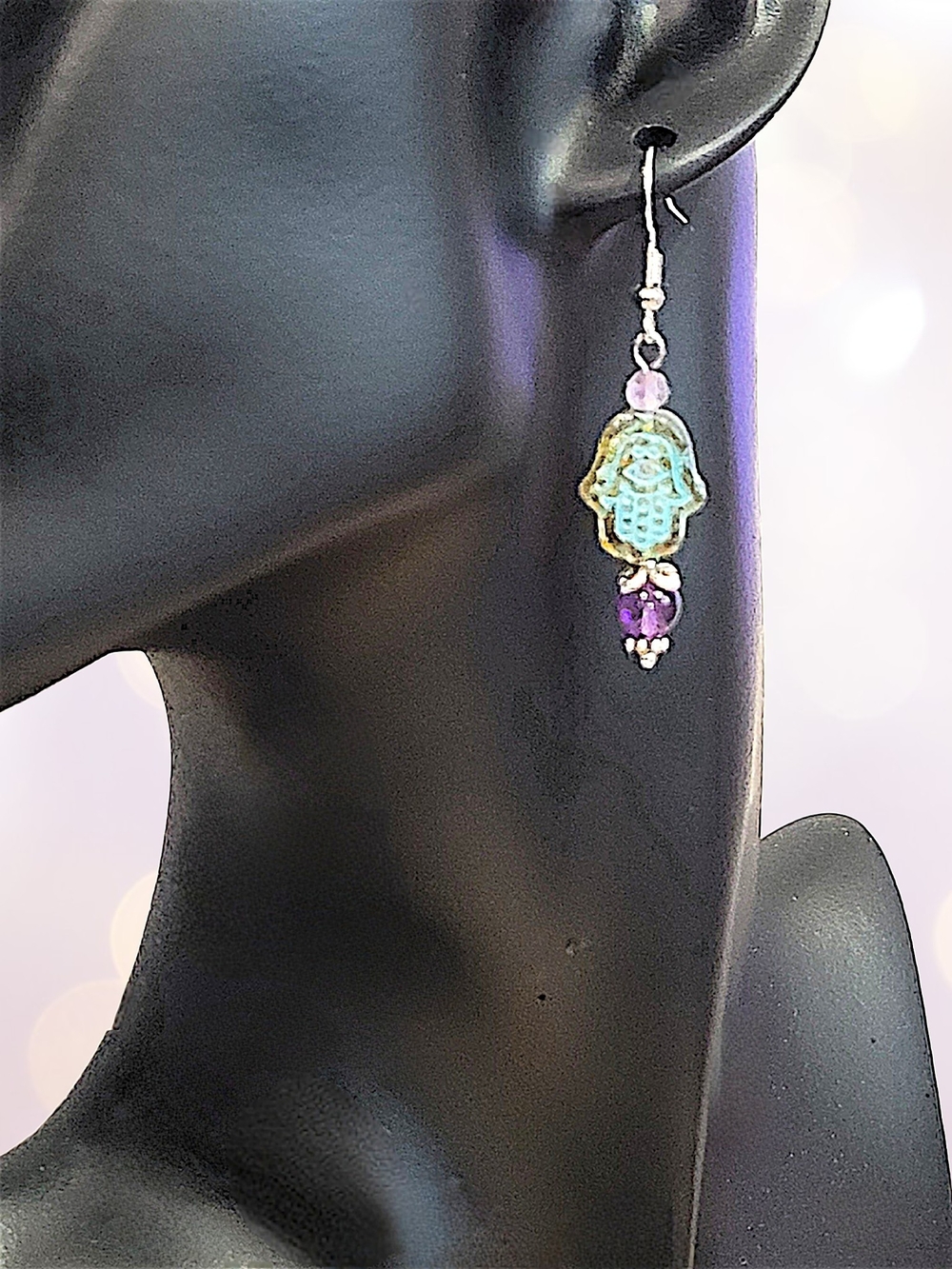 Hand Crafted Turquoise and Purple Czech Glass Hamsa Dangle Amethyst Earrings - Picture 4 of 11